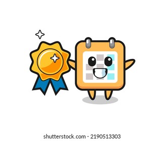 calendar mascot illustration holding a golden badge , cute style design for t shirt, sticker, logo element