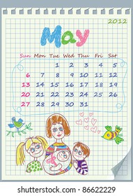 Calendar for May 2012. The week starts with Sunday. Illustration of spring. The numbers drawn on detached exercise book in a cage.