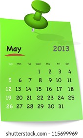 Calendar for may 2013 on green sticky note attached with green pin. Sundays first. Vector illustration