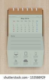 Calendar may 2014, Creative folded paper with business icon on wood texture background, workflow layout, diagram, step up options, web banner template, Vector illustration modern template design