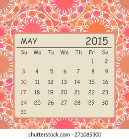 Calendar may 2015 design. Mosaic geometric pattern background. Vector illustration