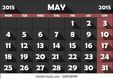 Calendar for May 2015, flat, with long shadow. Sunday fields in Marsala color.  