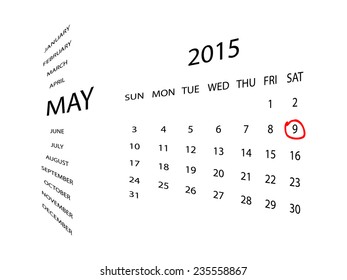 Calendar for May 2015, in perspective. Red marker circle for highlighting important dates. Simple illustration, isolated on white.