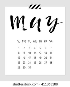 Calendar May 2016 with a calligraphy brush lettering headline. Vector illustration