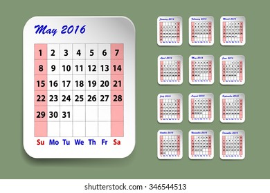 Calendar for May 2016. Twelve monthly sheets are on the right side of the vector. Calendar for May  is on the left side. All is on the trendy green background.