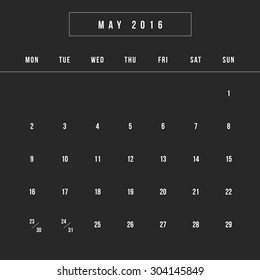 Calendar May 2016 vector design template - Minimalism Style