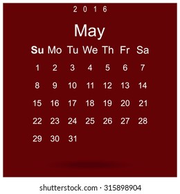 Calendar May 2016 vector design. Week starts from Sunday.