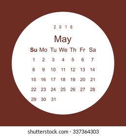 Calendar May 2016 vector design. Week starts from Sunday.