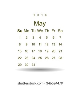 Calendar May 2016 vector design. Week starts from Sunday.