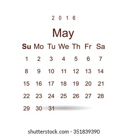 Calendar May 2016 vector design. Week starts from Sunday. icon