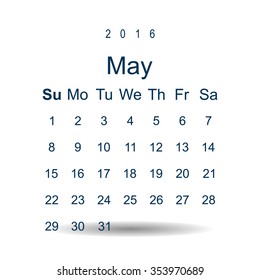 Calendar May 2016 vector design. Week starts from Sunday. icon