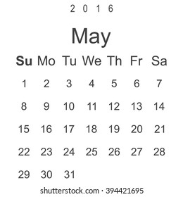 Calendar May 2016 vector design. Week starts from Sunday.