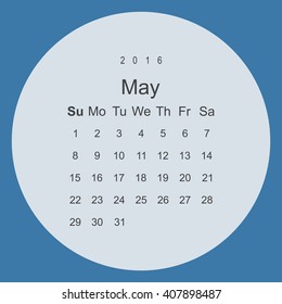 Calendar May 2016 vector design. Week starts from Sunday.