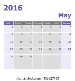 Calendar May 2016 week starts from Sunday, stock vector
