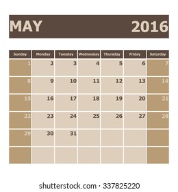 Calendar May 2016, week starts from Sunday, stock vector