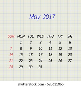 Calendar for May 2017 on a paper in a cell. Week Starts Sunday. Vector Design Template.