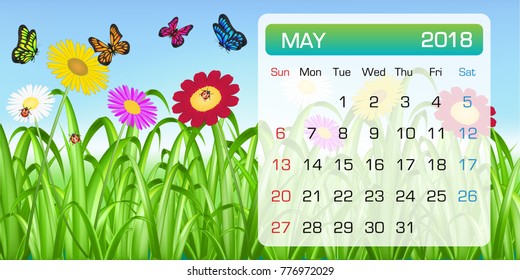 calendar of MAY 2018 month theme  flower butterfly