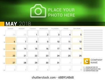 Calendar for May 2018. Vector Design Print Template with Place for Photo, Logo and Contact Information. Week Starts on Sunday. Calendar Grid with Week Numbers and Place for Notes