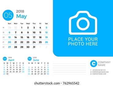 Calendar for May 2018 year. Vector design print template with place for photo. Week starts on Sunday