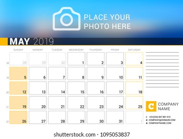 Calendar for May 2019. Vector Design Print Template with Place for Photo, Logo and Contact Information. Week Starts on Sunday. Calendar Grid with Week Numbers and Place for Notes