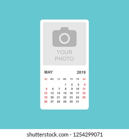 Calendar may 2019 year in simple style. Calendar planner design template. Agenda may monthly reminder with photo. Business vector illustration.