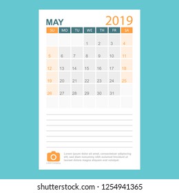 Calendar may 2019 year in simple style. Calendar planner design template. Agenda monthly may template with company logo. Business vector illustration.