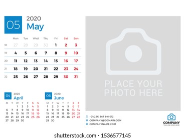 Calendar for May 2020. Vector design print template with place for photo. Week starts on Monday. 3 months on page