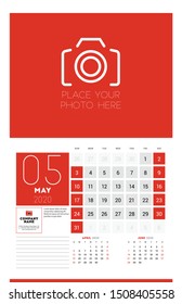 Calendar for May 2020. Wall calendar planner template. 3 months on the page. Week starts on Sunday. Vector illustration
