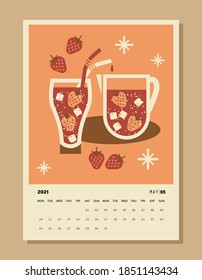 Calendar for May 2021 A4 format. Month with seasonal fruit drink. Tall glass with straws and jug. Compote with strawberries and ice cubes. Vintage decor for kitchen or cafe. Vector stock illustration.