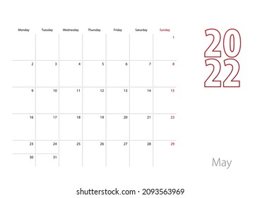 Calendar for May 2022 in modern design, planner template. Vector calendar 2022.