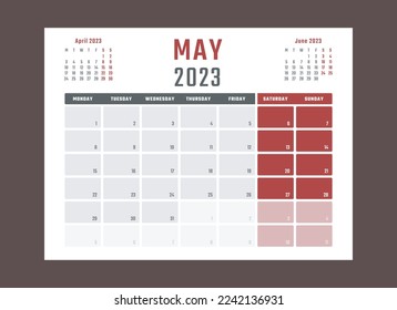 calendar for may 2023 starts monday, vector calendar design may 2023 year