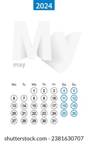 Calendar for May 2024, blue circle design. English language, week starts on Monday. Vector template.