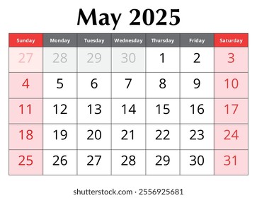 Calendar for May 2025. Design vector illustration. English page of the spring month