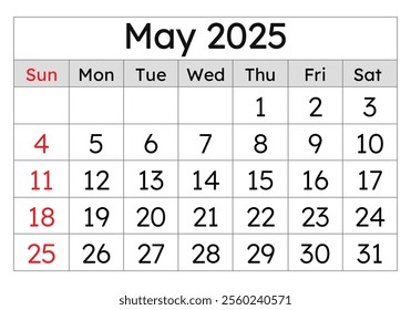 Calendar for may 2025. Simple vector illustration. English page of the spring month