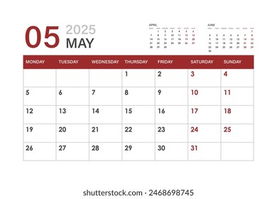 Calendar for May 2025. The week starts on Monday