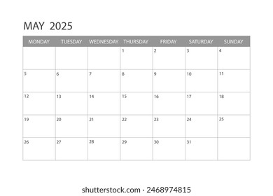 Calendar for May 2025. The week starts on Monday.