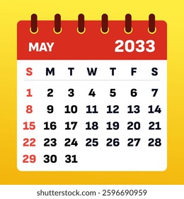 Calendar May 2033. Vector Calender illustration. May is filled with sunshine, blooming flowers, and renewed motivation. A time for growth, productivity, and embracing nature’s vibrant beauty