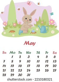 Calendar May .Cute rabbit in the garden. An image of a rabbit that is digging in the garden. A hare plants vegetables against a background of trees and flowers with bees. Spring vector illustration.