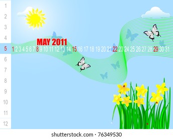 Calendar for May with the daffodils. American style. Vector.