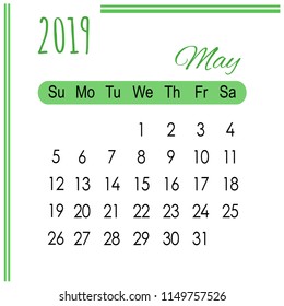 Calendar May green 2019 on white background