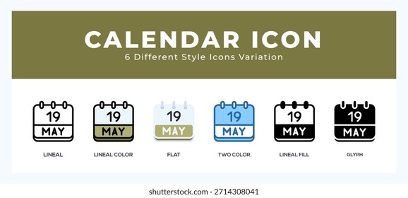 El calendario puede tener un conjunto de iconos con diferentes estilos. Iconos diseñados en relleno. contorno. plano. glifo y línea de color.
