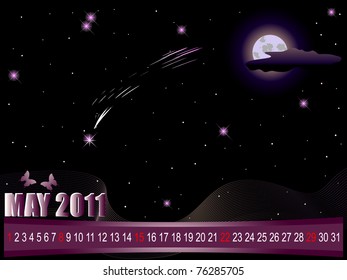 Calendar for May. Night sky with moon and blazing comet. American style. Vector.
