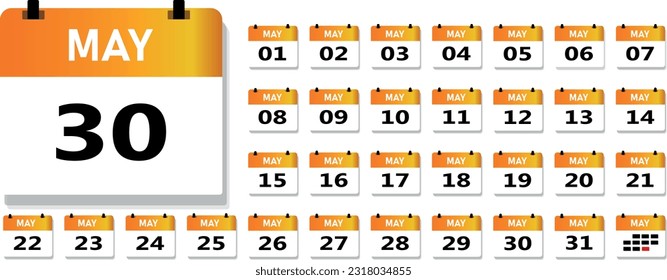 Calendario para mayo. Universal durante cualquier año. Icono de calendario con páginas de desactivación. Amarillo y naranja con gradiente, blanco y gris. Ilustración vectorial.