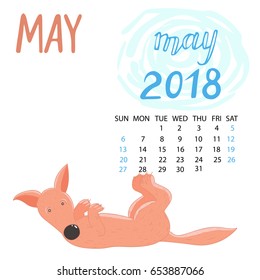 Calendar for may in year 2018. Red dog isolated on white background. 