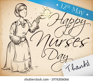 Calendar, medical exam, cap and scroll with Florence Nightingale representation, holding a lamp in outlines, promoting International Nurse Day this 12th May.
