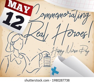 Calendar, medical exam, traditional cap and scroll with Florence Nightingale representation holding a lamp in outlines, and message commemorating the real heroes in the Nurse Day this 12th May.