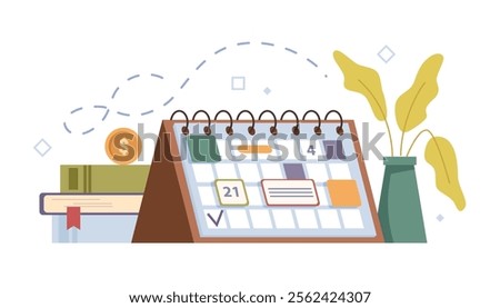 Calendar with memos and dates, notes and agenda. Vector isolated organizer or planner on table with houseplant, books with bookmarks and dollar coin. Business schedule or timetable for work