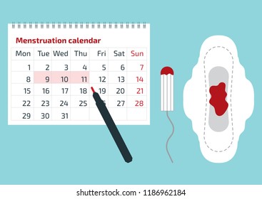 A Calendar With The Menstrual Days Marks And Menstrual Pad With Blood Drop. Vector Illustration Of Blood Period Calendar. Menstruation Period Pain Protection. Feminine Hygiene, Monthlies Rainy Days