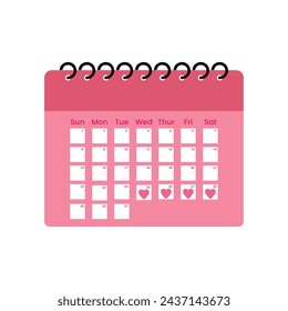 A calendar with the menstrual days marks.Vector illustration of blood period calendar.  Period schedule with marked days for woman and girl. Women cycle and PMS tracker.