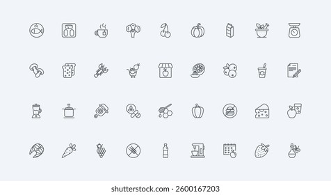 Calendar menu planning with nutritionist, weight loss thin black outline symbol vector illustration. Healthy nutrition, vegetarian, gluten and fast food free diet for body health line icon set